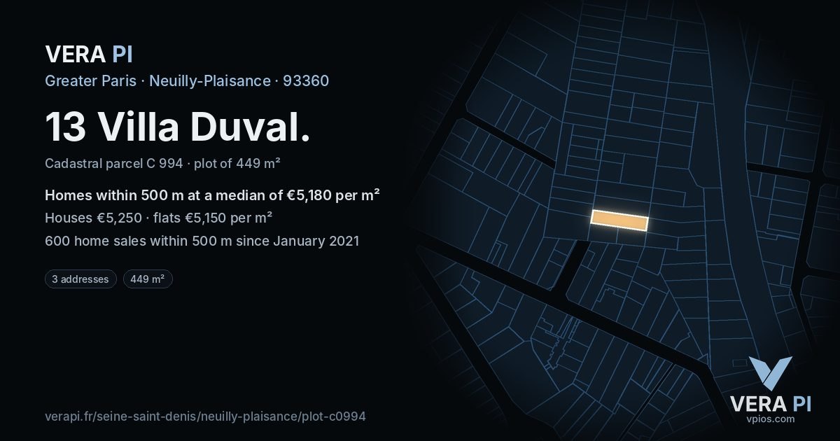 13 Villa Duval, Neuilly-Plaisance at night – the plot lit, the parcels around coloured by the prices near them