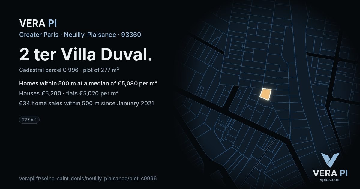2 ter Villa Duval, Neuilly-Plaisance at night – the plot lit, the parcels around coloured by the prices near them