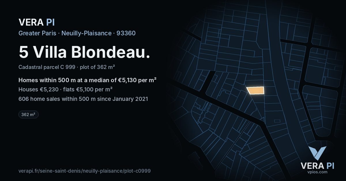5 Villa Blondeau, Neuilly-Plaisance at night – the plot lit, the parcels around coloured by the prices near them