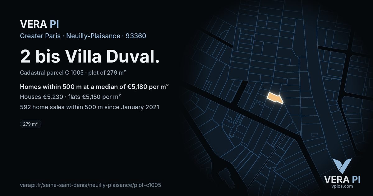 2 bis Villa Duval, Neuilly-Plaisance at night – the plot lit, the parcels around coloured by the prices near them