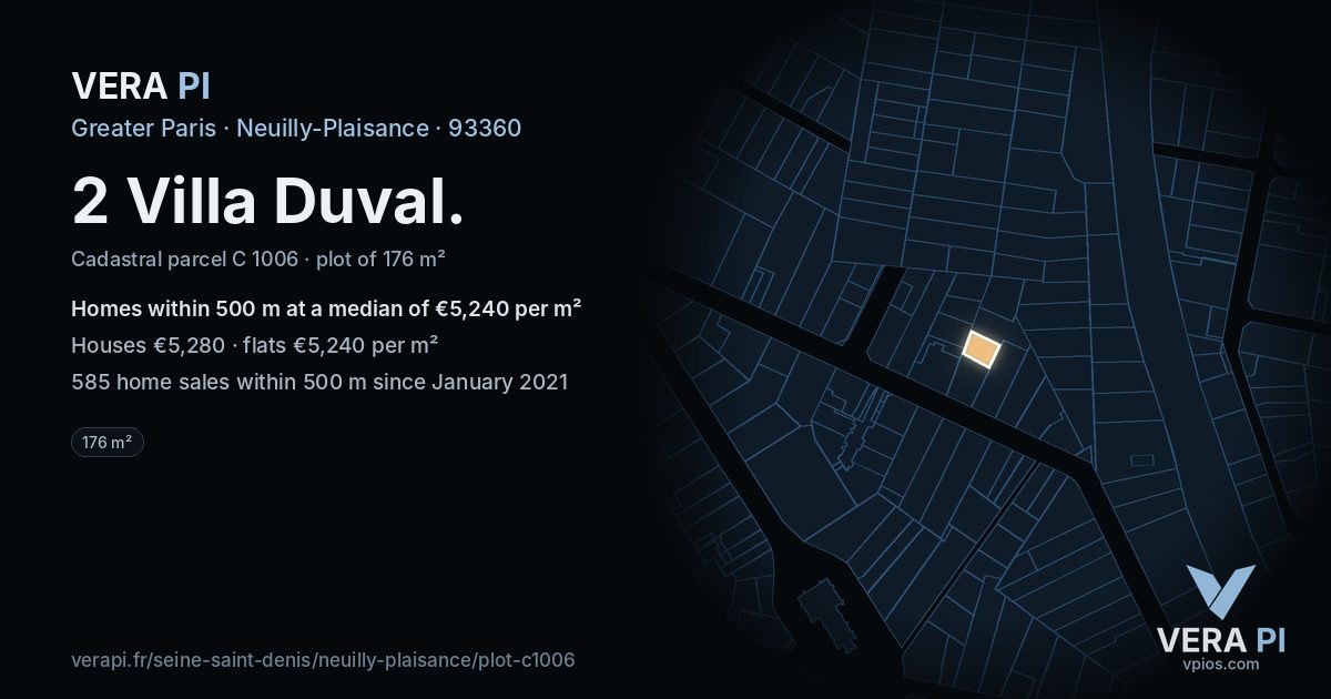 2 Villa Duval, Neuilly-Plaisance at night – the plot lit, the parcels around coloured by the prices near them