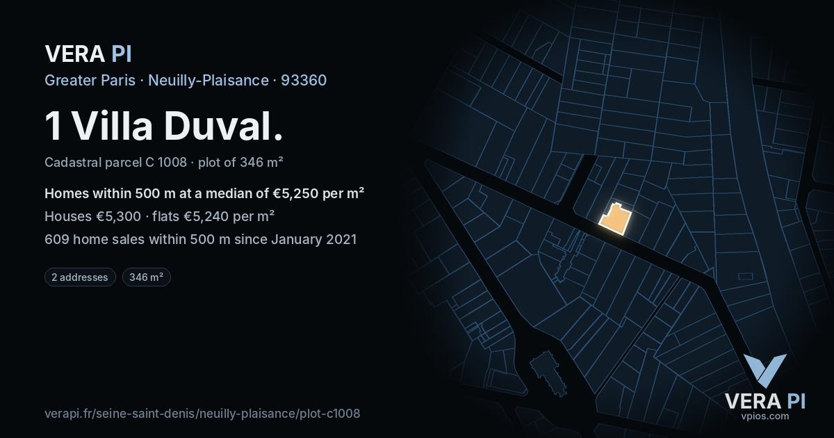 1 Villa Duval, Neuilly-Plaisance at night – the plot lit, the parcels around coloured by the prices near them