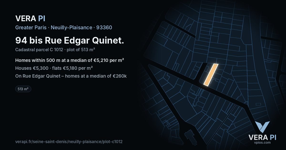 94 bis Rue Edgar Quinet, Neuilly-Plaisance at night – the plot lit, the parcels around coloured by the prices near them
