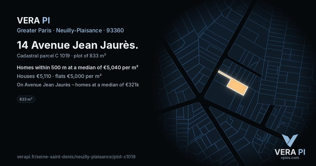 14 Avenue Jean Jaurès, Neuilly-Plaisance at night – the plot lit, the parcels around coloured by the prices near them