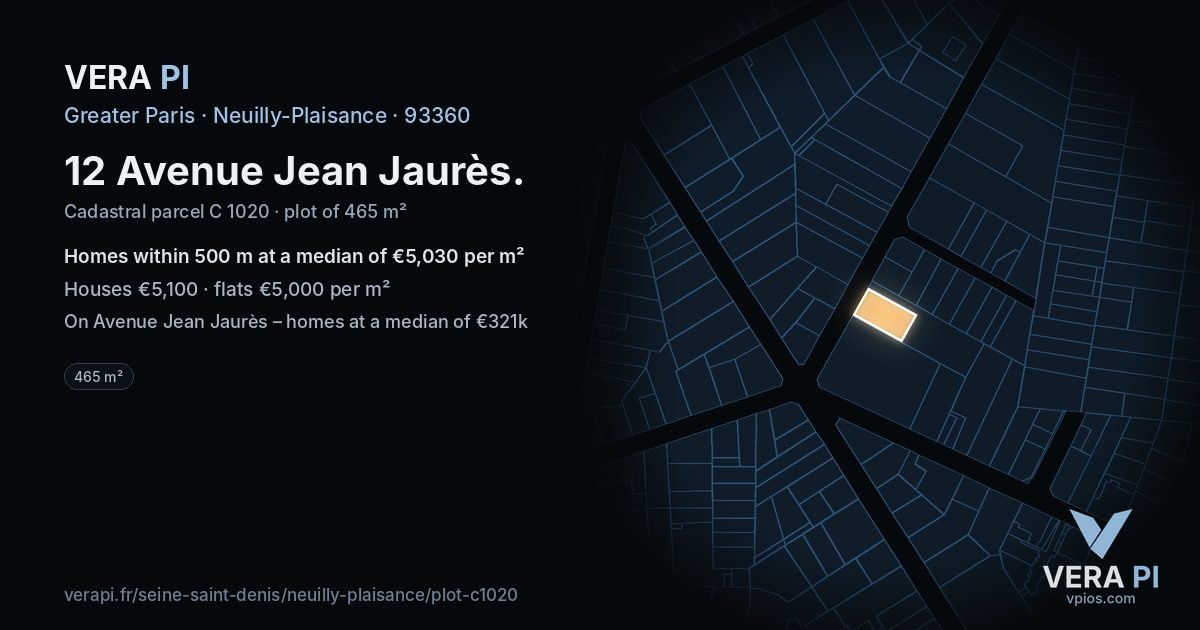 12 Avenue Jean Jaurès, Neuilly-Plaisance at night – the plot lit, the parcels around coloured by the prices near them