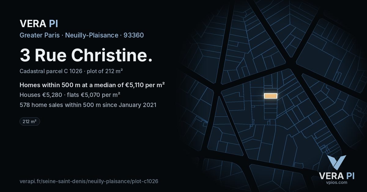 3 Rue Christine, Neuilly-Plaisance at night – the plot lit, the parcels around coloured by the prices near them