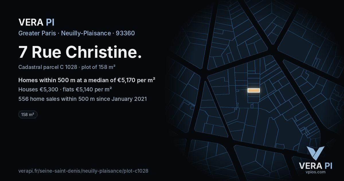 7 Rue Christine, Neuilly-Plaisance at night – the plot lit, the parcels around coloured by the prices near them