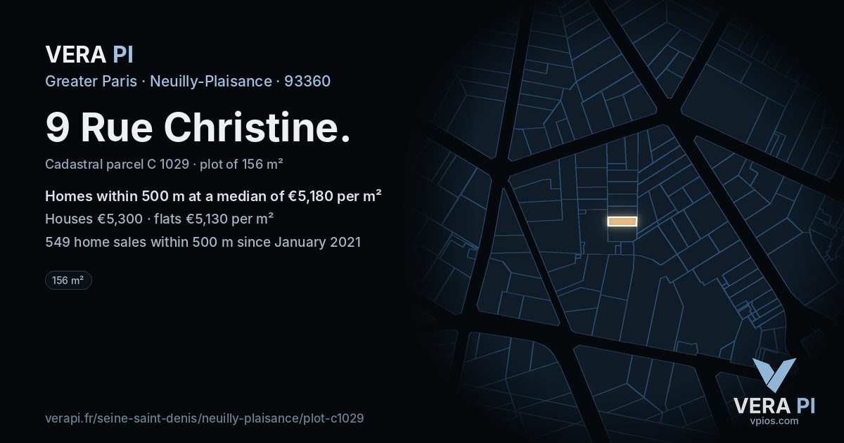 9 Rue Christine, Neuilly-Plaisance at night – the plot lit, the parcels around coloured by the prices near them