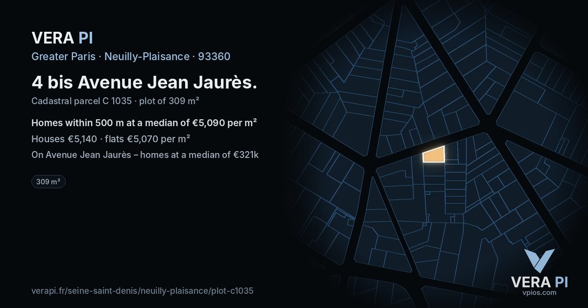 4 bis Avenue Jean Jaurès, Neuilly-Plaisance at night – the plot lit, the parcels around coloured by the prices near them