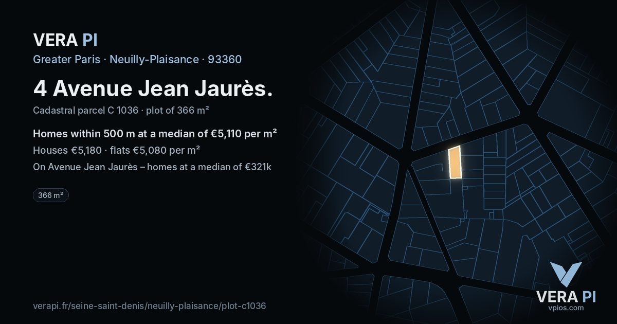 4 Avenue Jean Jaurès, Neuilly-Plaisance at night – the plot lit, the parcels around coloured by the prices near them