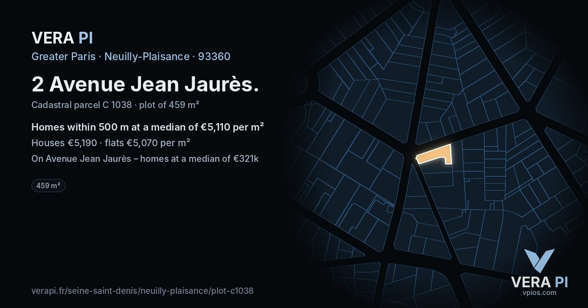 2 Avenue Jean Jaurès, Neuilly-Plaisance at night – the plot lit, the parcels around coloured by the prices near them