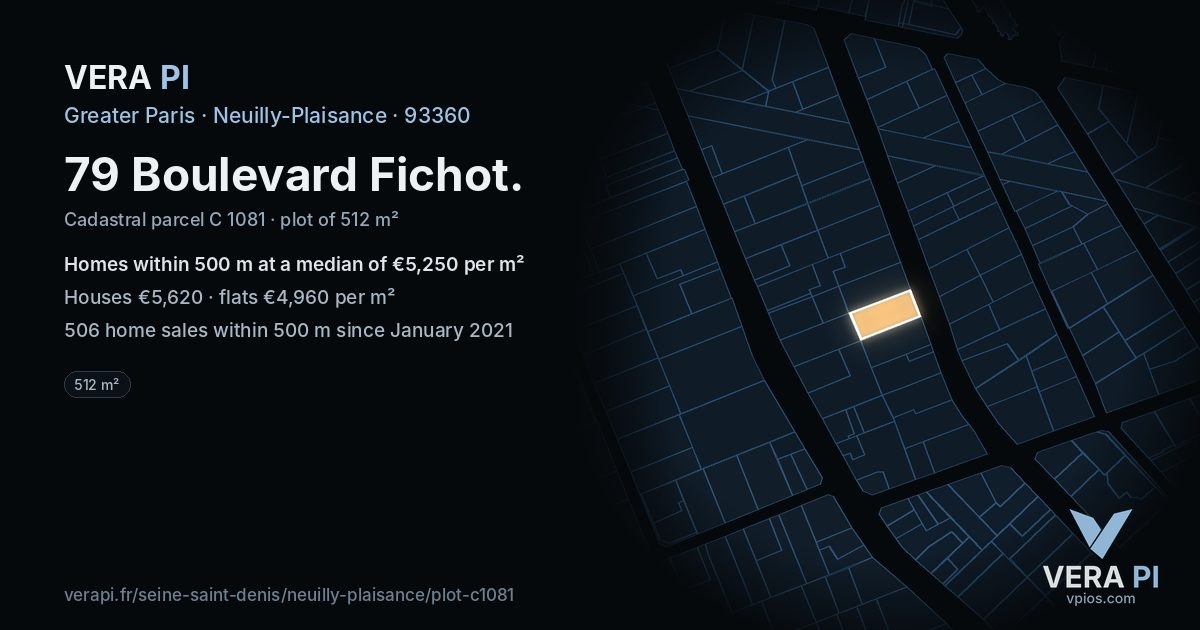 79 Boulevard Fichot, Neuilly-Plaisance at night – the plot lit, the parcels around coloured by the prices near them
