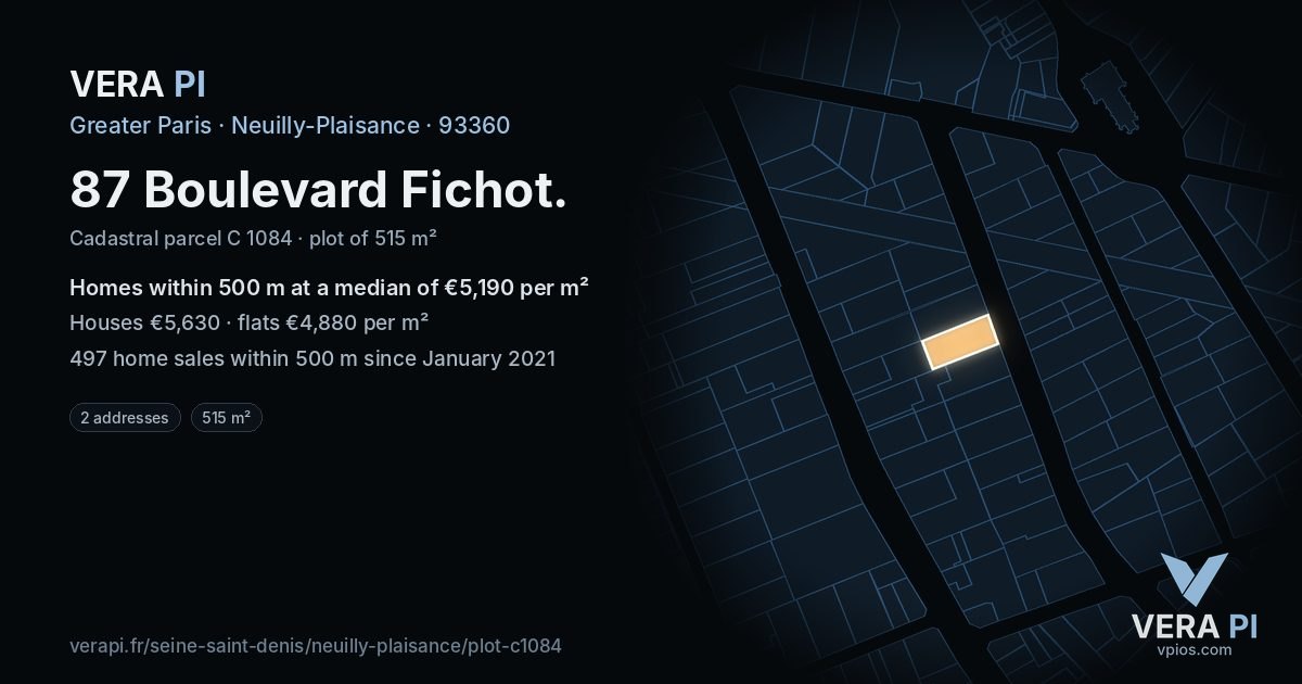 87 Boulevard Fichot, Neuilly-Plaisance at night – the plot lit, the parcels around coloured by the prices near them