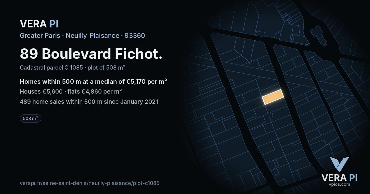 89 Boulevard Fichot, Neuilly-Plaisance at night – the plot lit, the parcels around coloured by the prices near them