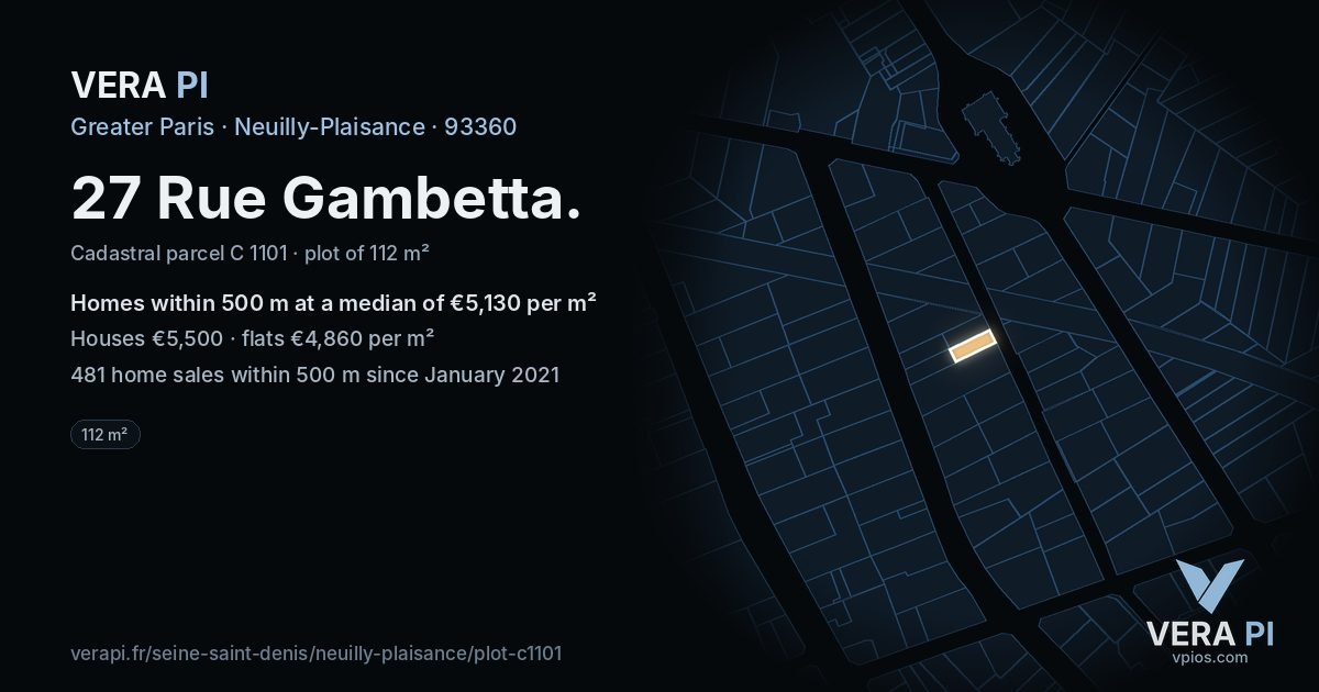 27 Rue Gambetta, Neuilly-Plaisance at night – the plot lit, the parcels around coloured by the prices near them