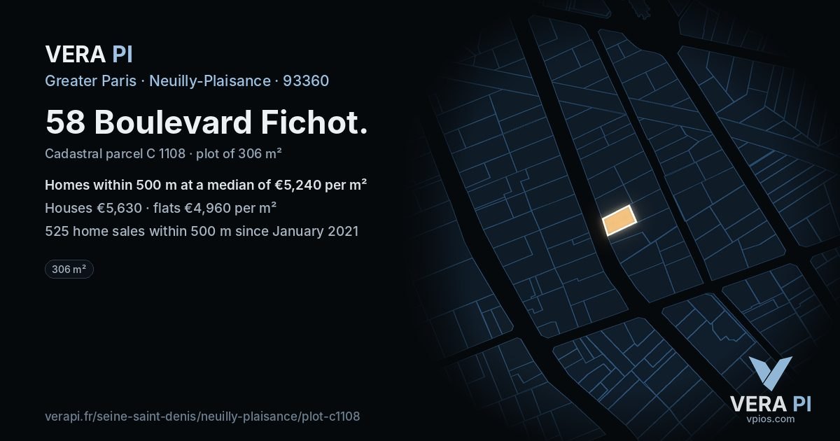 58 Boulevard Fichot, Neuilly-Plaisance at night – the plot lit, the parcels around coloured by the prices near them