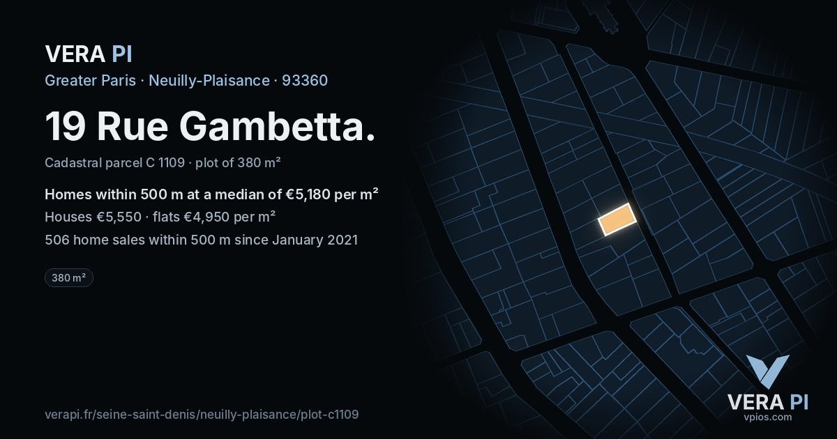 19 Rue Gambetta, Neuilly-Plaisance at night – the plot lit, the parcels around coloured by the prices near them