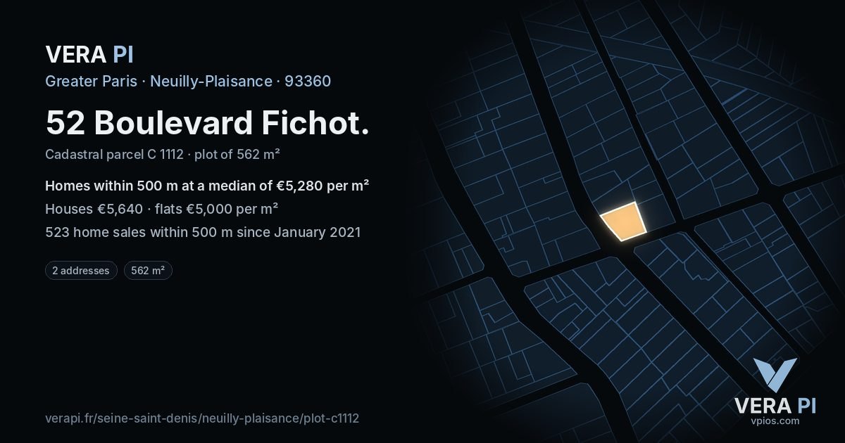 52 Boulevard Fichot, Neuilly-Plaisance at night – the plot lit, the parcels around coloured by the prices near them