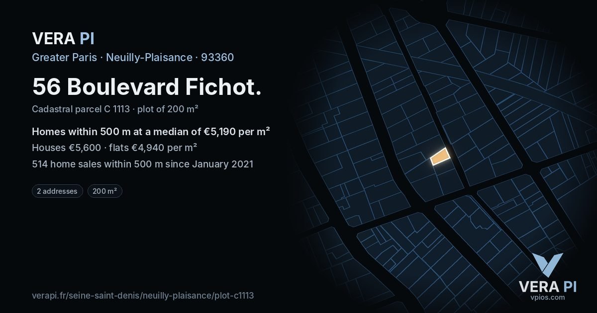 56 Boulevard Fichot, Neuilly-Plaisance at night – the plot lit, the parcels around coloured by the prices near them
