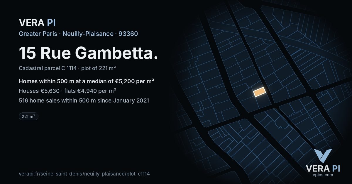 15 Rue Gambetta, Neuilly-Plaisance at night – the plot lit, the parcels around coloured by the prices near them