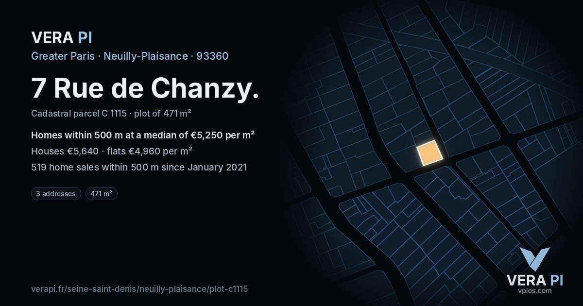7 Rue de Chanzy, Neuilly-Plaisance at night – the plot lit, the parcels around coloured by the prices near them