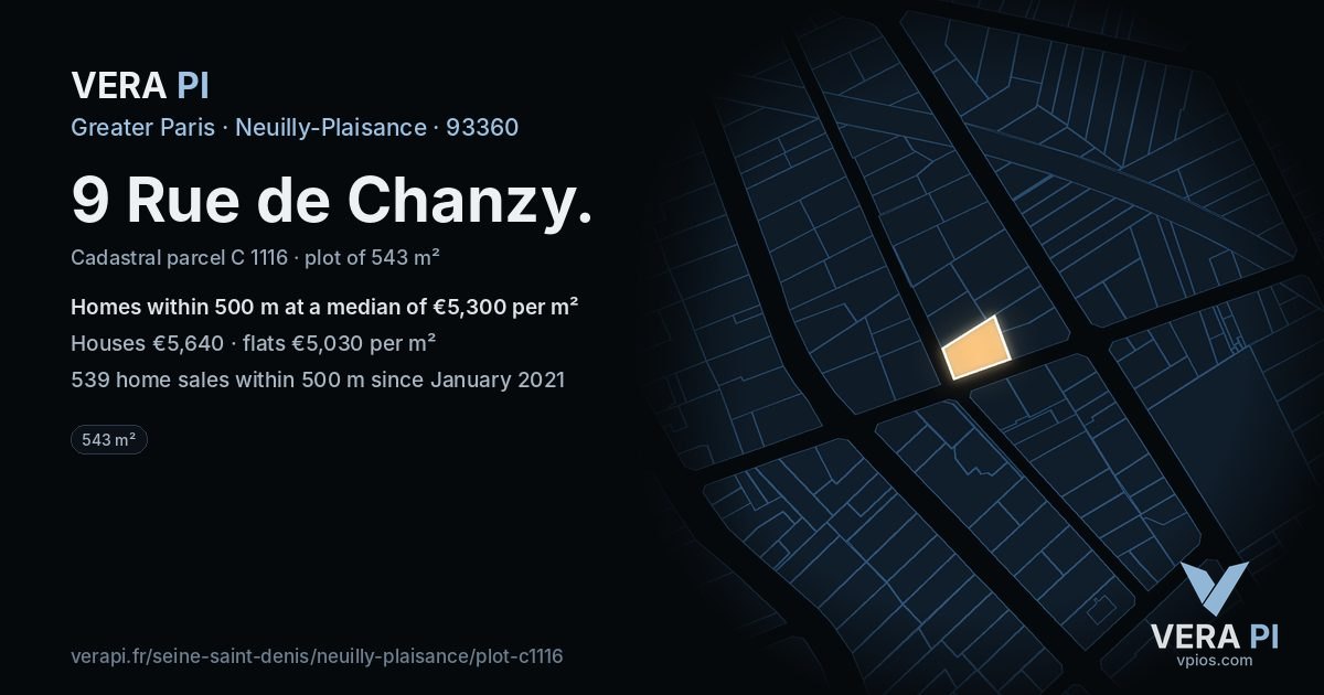 9 Rue de Chanzy, Neuilly-Plaisance at night – the plot lit, the parcels around coloured by the prices near them