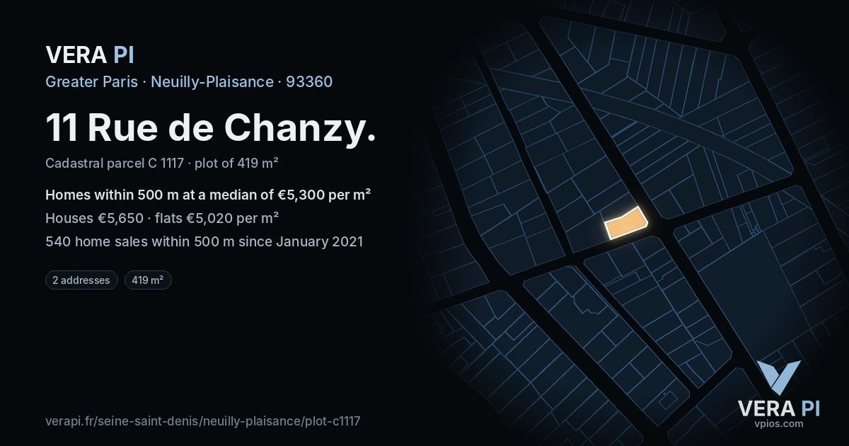 11 Rue de Chanzy, Neuilly-Plaisance at night – the plot lit, the parcels around coloured by the prices near them