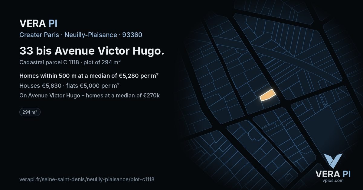 33 bis Avenue Victor Hugo, Neuilly-Plaisance at night – the plot lit, the parcels around coloured by the prices near them