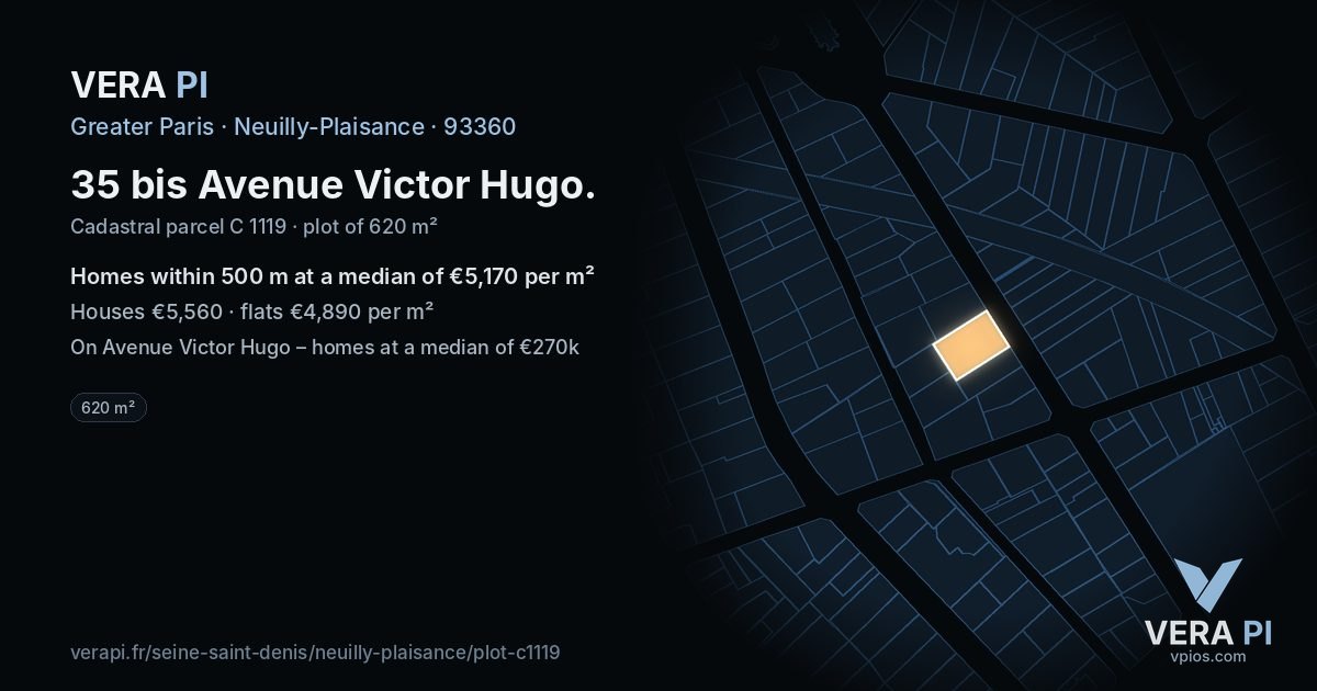 35 bis Avenue Victor Hugo, Neuilly-Plaisance at night – the plot lit, the parcels around coloured by the prices near them