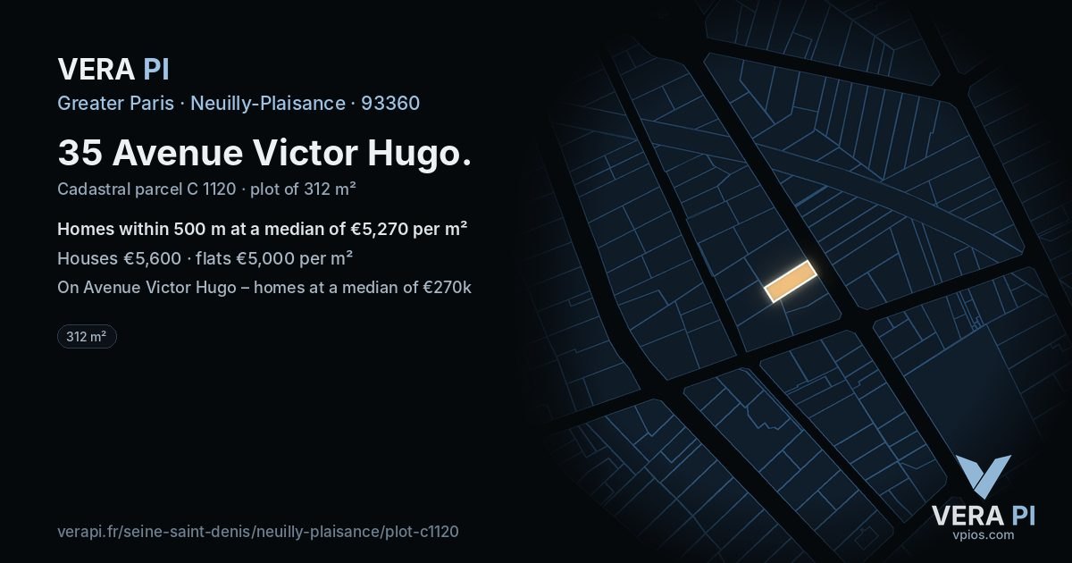35 Avenue Victor Hugo, Neuilly-Plaisance at night – the plot lit, the parcels around coloured by the prices near them