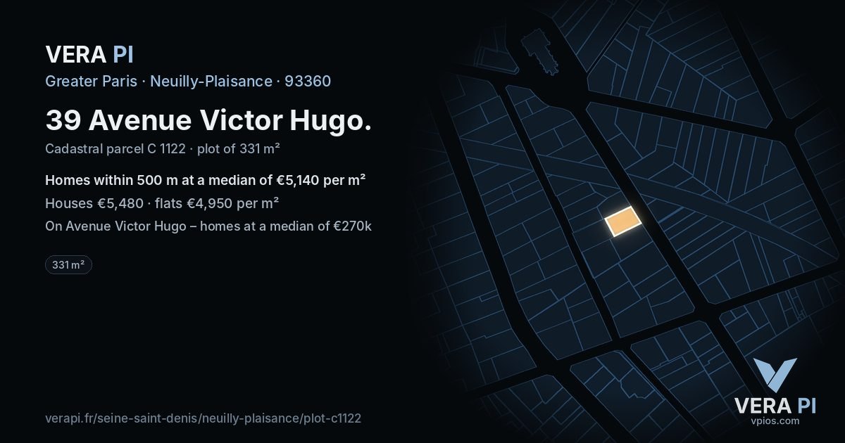 39 Avenue Victor Hugo, Neuilly-Plaisance at night – the plot lit, the parcels around coloured by the prices near them