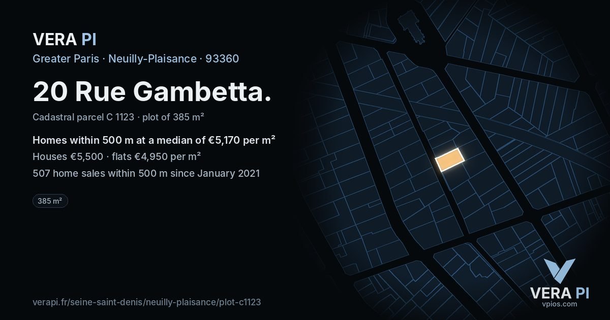 20 Rue Gambetta, Neuilly-Plaisance at night – the plot lit, the parcels around coloured by the prices near them