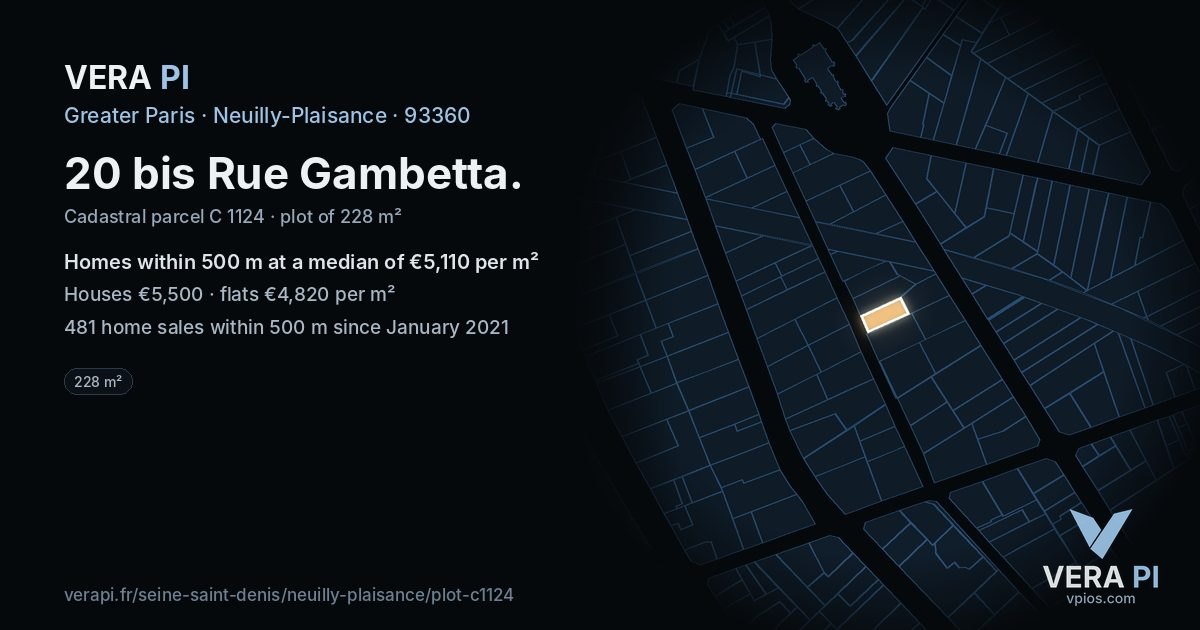 20 bis Rue Gambetta, Neuilly-Plaisance at night – the plot lit, the parcels around coloured by the prices near them