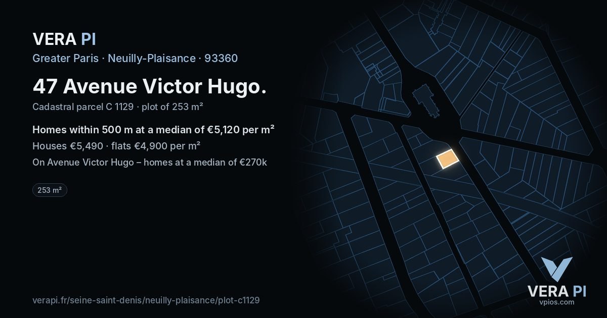 47 Avenue Victor Hugo, Neuilly-Plaisance at night – the plot lit, the parcels around coloured by the prices near them