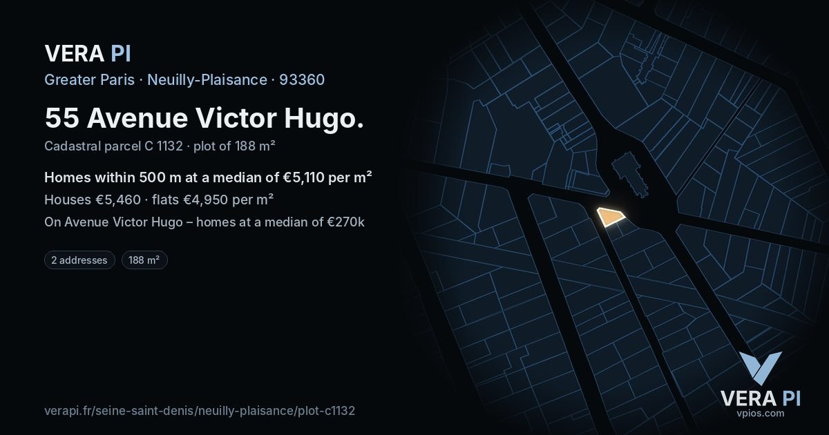 55 Avenue Victor Hugo, Neuilly-Plaisance at night – the plot lit, the parcels around coloured by the prices near them