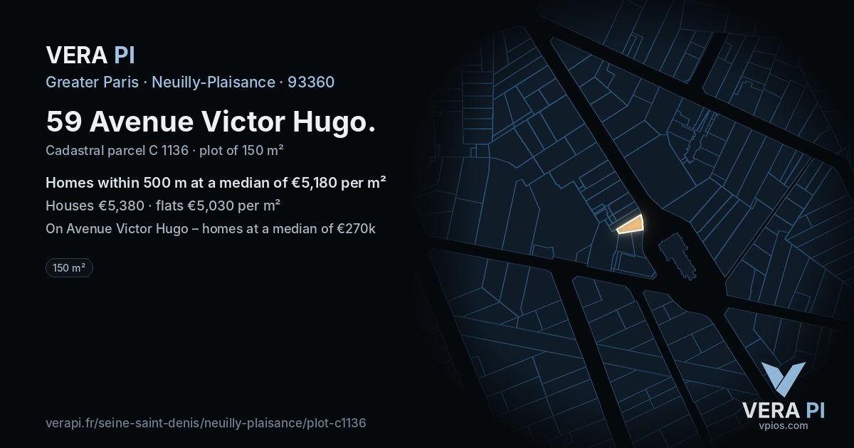 59 Avenue Victor Hugo, Neuilly-Plaisance at night – the plot lit, the parcels around coloured by the prices near them