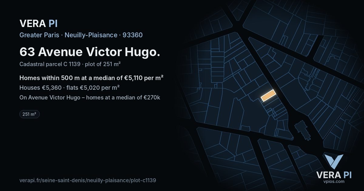 63 Avenue Victor Hugo, Neuilly-Plaisance at night – the plot lit, the parcels around coloured by the prices near them