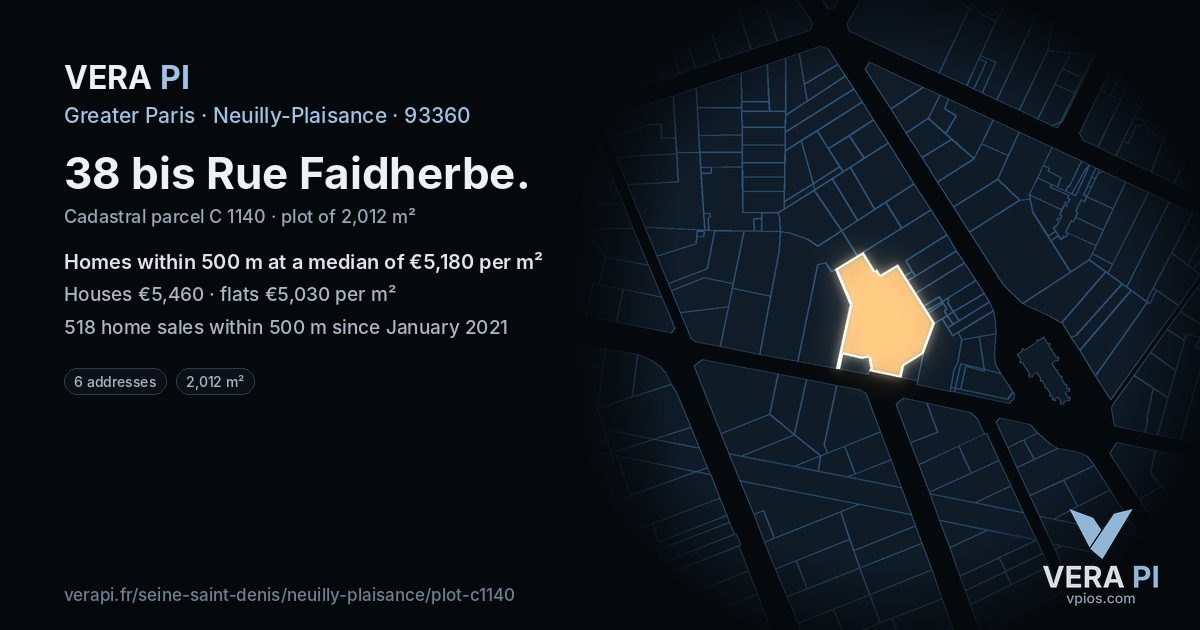 38 bis Rue Faidherbe, Neuilly-Plaisance at night – the plot lit, the parcels around coloured by the prices near them