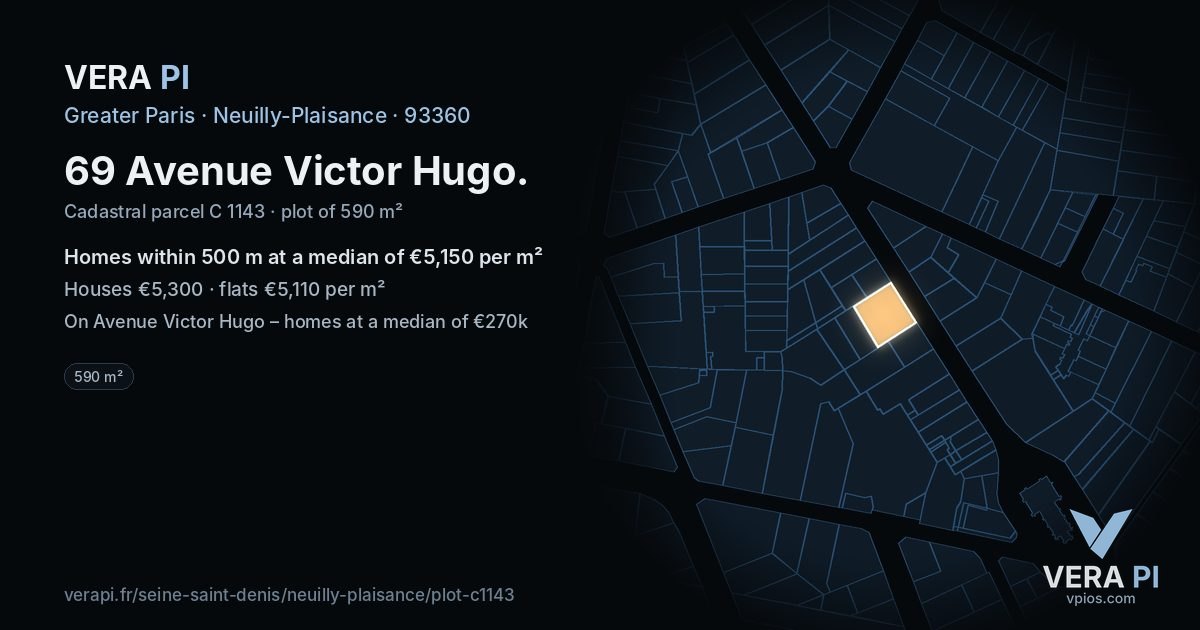69 Avenue Victor Hugo, Neuilly-Plaisance at night – the plot lit, the parcels around coloured by the prices near them