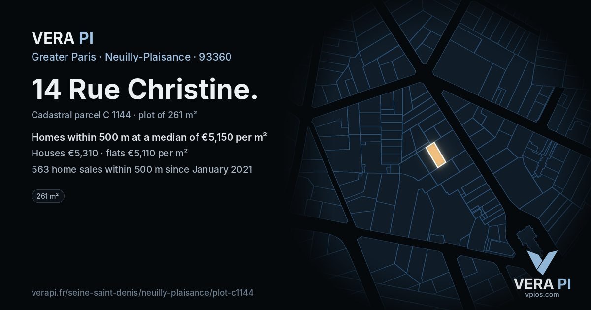 14 Rue Christine, Neuilly-Plaisance at night – the plot lit, the parcels around coloured by the prices near them