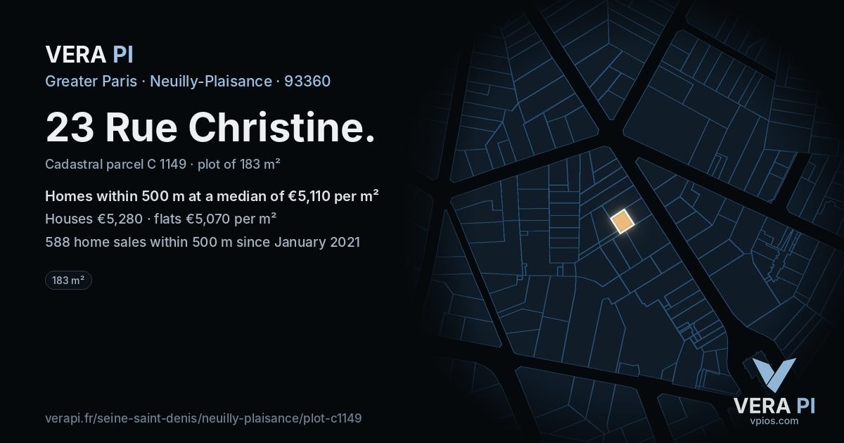 23 Rue Christine, Neuilly-Plaisance at night – the plot lit, the parcels around coloured by the prices near them
