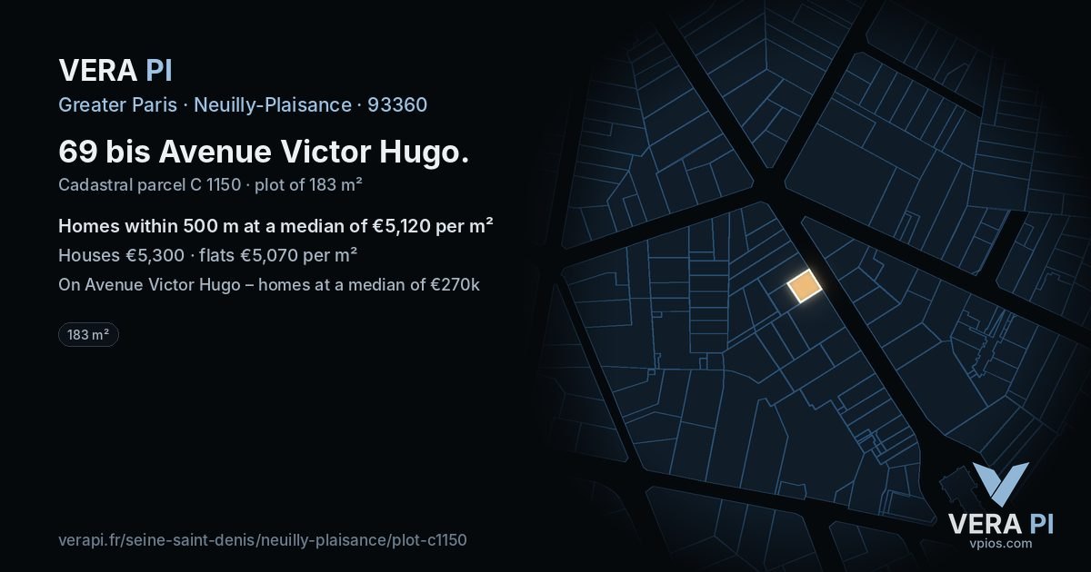 69 bis Avenue Victor Hugo, Neuilly-Plaisance at night – the plot lit, the parcels around coloured by the prices near them