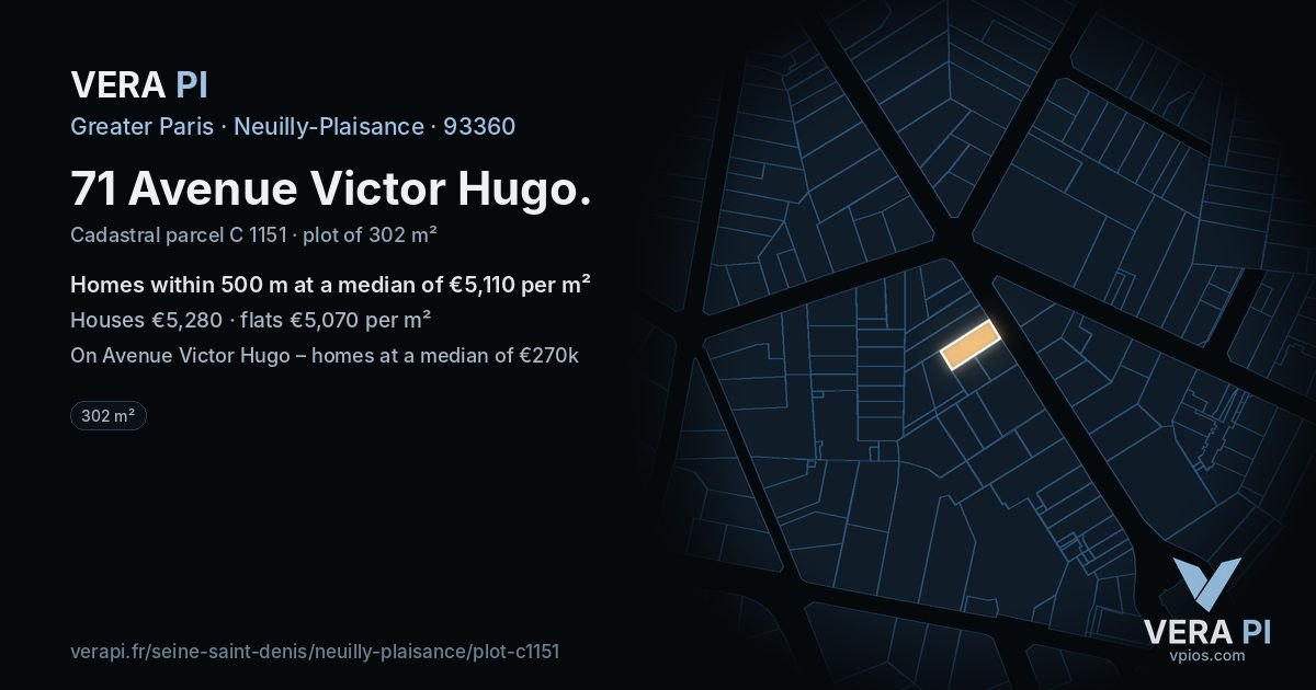 71 Avenue Victor Hugo, Neuilly-Plaisance at night – the plot lit, the parcels around coloured by the prices near them