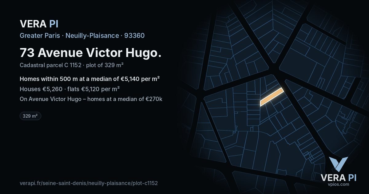 73 Avenue Victor Hugo, Neuilly-Plaisance at night – the plot lit, the parcels around coloured by the prices near them