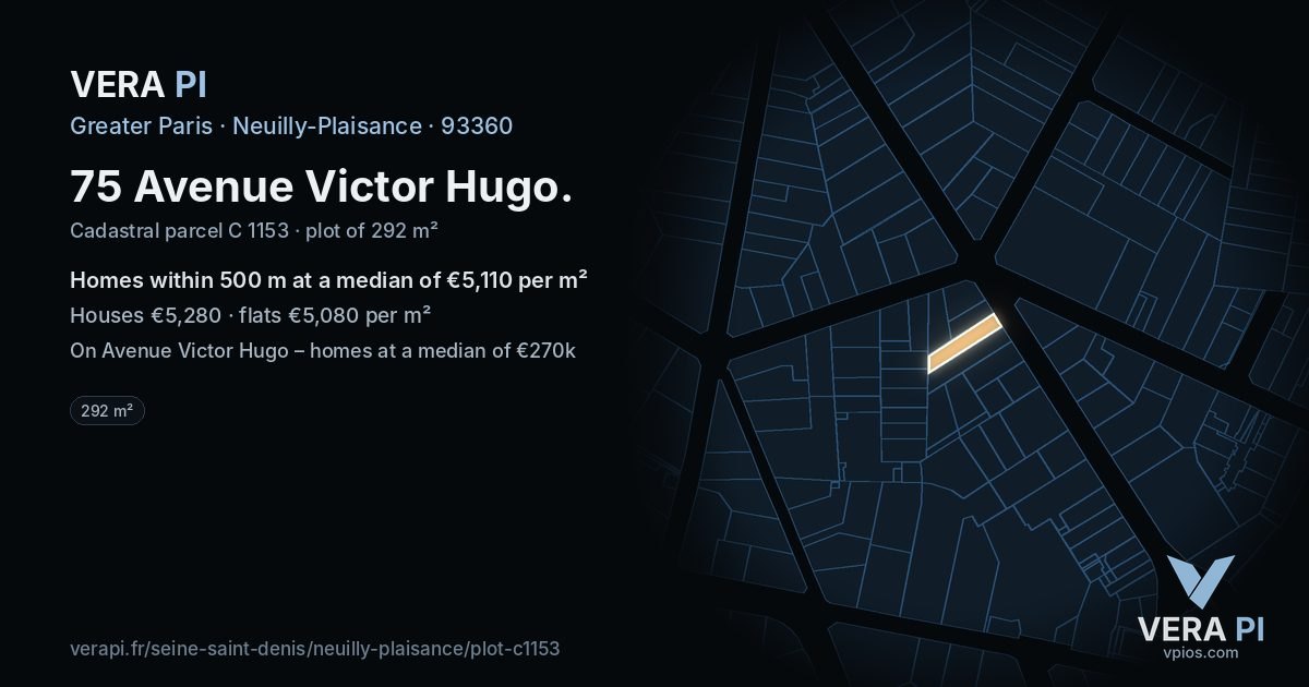 75 Avenue Victor Hugo, Neuilly-Plaisance at night – the plot lit, the parcels around coloured by the prices near them