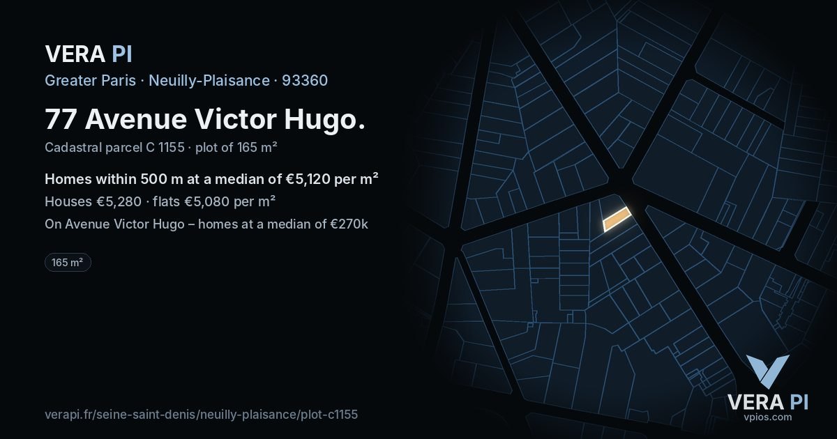77 Avenue Victor Hugo, Neuilly-Plaisance at night – the plot lit, the parcels around coloured by the prices near them