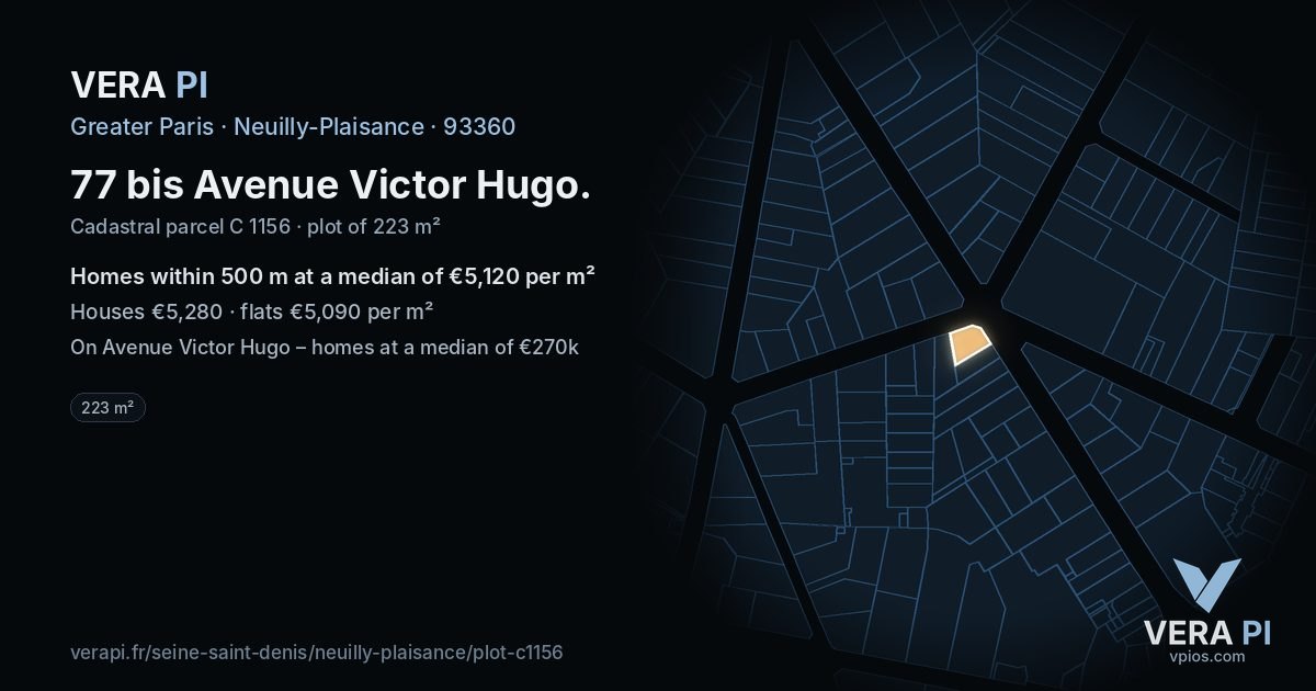 77 bis Avenue Victor Hugo, Neuilly-Plaisance at night – the plot lit, the parcels around coloured by the prices near them
