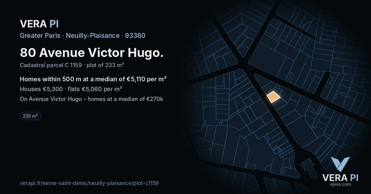 80 Avenue Victor Hugo, Neuilly-Plaisance at night – the plot lit, the parcels around coloured by the prices near them