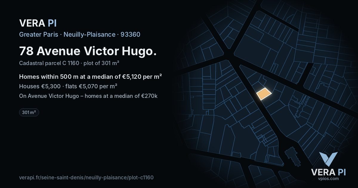 78 Avenue Victor Hugo, Neuilly-Plaisance at night – the plot lit, the parcels around coloured by the prices near them