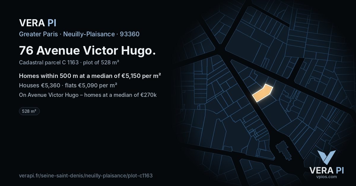 76 Avenue Victor Hugo, Neuilly-Plaisance at night – the plot lit, the parcels around coloured by the prices near them